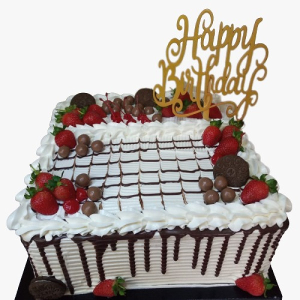 12 Inch Double Layer Chocolate Whipped Cream Cake with Chocolate and Strawberry Toppings